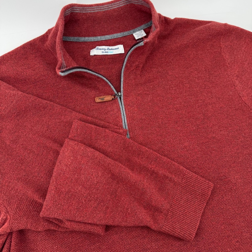 Tommy Bahama IslandZone Mens XL Quarter Zip Sweater Red‎ Heathered Cotton Blend